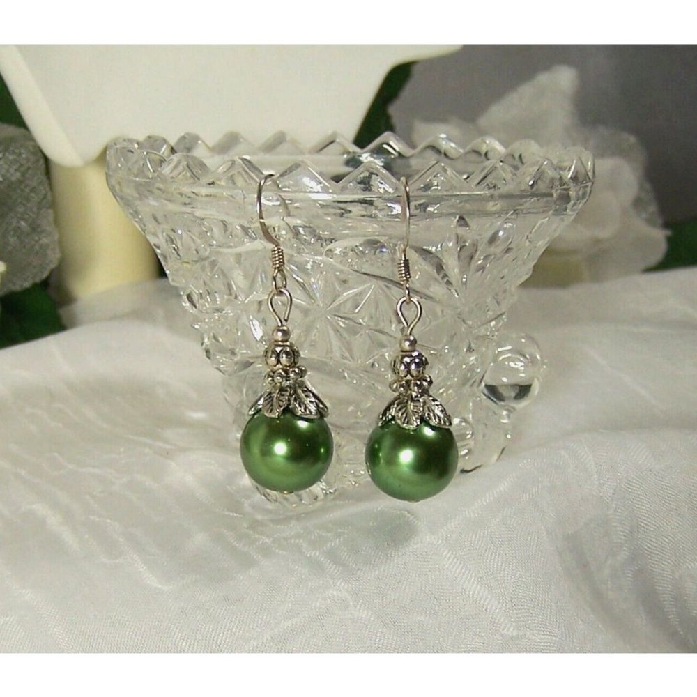 Sterling Silver 12mm Green Glass Pearl Earrings Caps Accent Beads Shepherd Hook